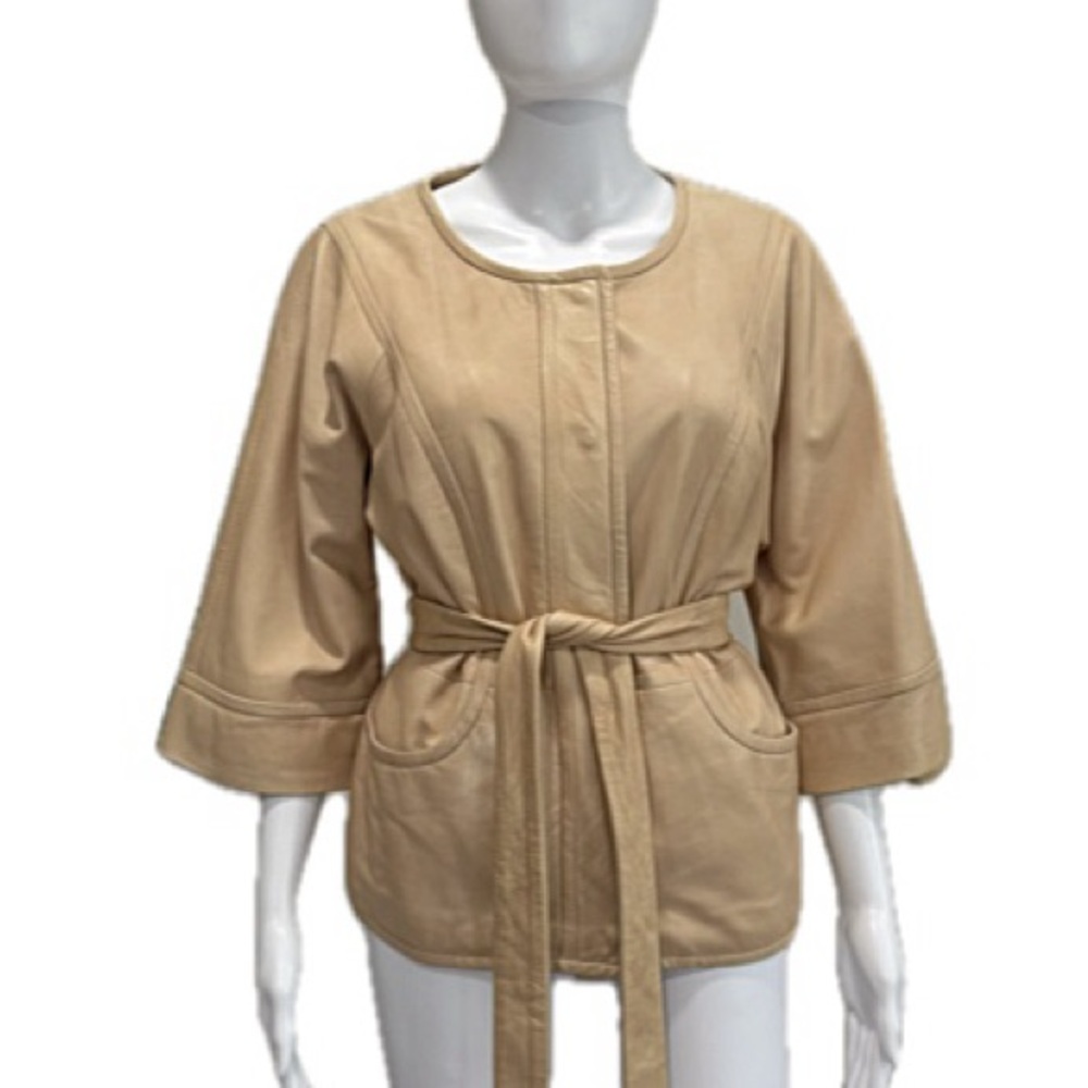 Nordstrom Collection Leather Belted Jacket Womens Size Small 3/4 Bell Sleeve